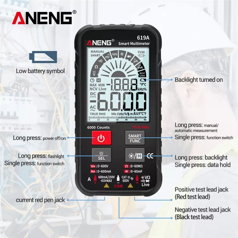 ANENG 619A Multimeter AC/DC True RMS 6000 Ampere Multimetro NCV Meter