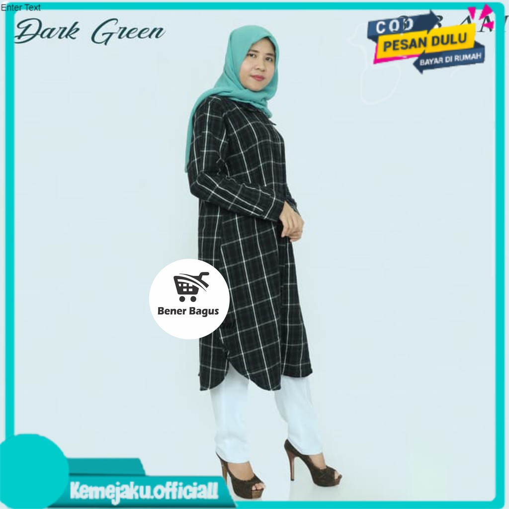 T91 Kemeja Tunik Flanel Wanita | Kemeja Tunik Lengan Panjang Motif Kotak Atasan Wanita Muslimah