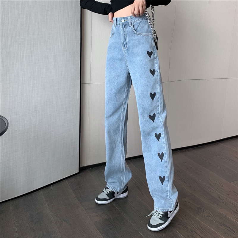 New kekinian love biru high waist murah boyfriend celana jeans panjang wanita kulot