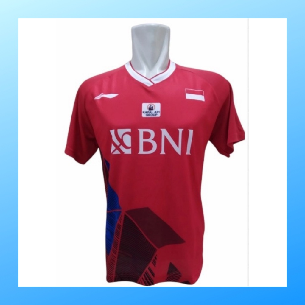 Kaos badminton pria jersey bulutangkis baju atasan jersy wanita dewasa t-shirt outfit seragam kostum olahraga casual suit pakaian jarsey oblong apparel sports jersi bulu tangkis L156 merah sponsor