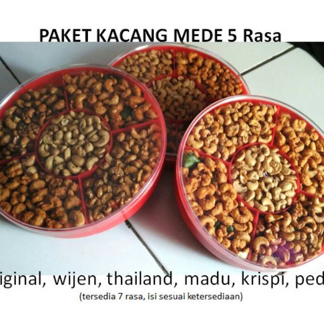 

Paket kacang 5 rasa (mede ori, mede thailand, mede crispy, madu,wijen)