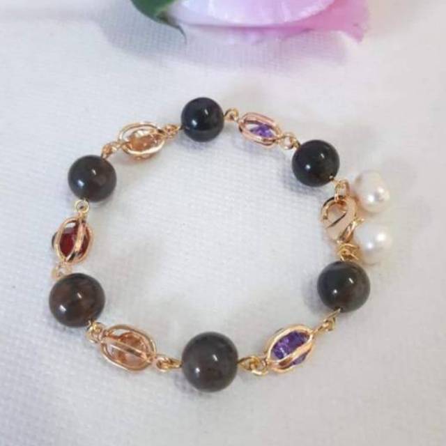 Gelang mutiara air tawar lombok asli dengan batu giok rangka rodhium lapis emas gratis bros cantik