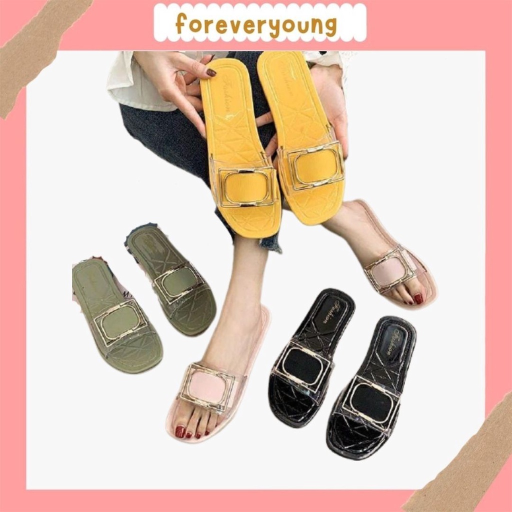 Sandal Flat Wanita Simple Kekinian Import Real Pict ForeverYoung