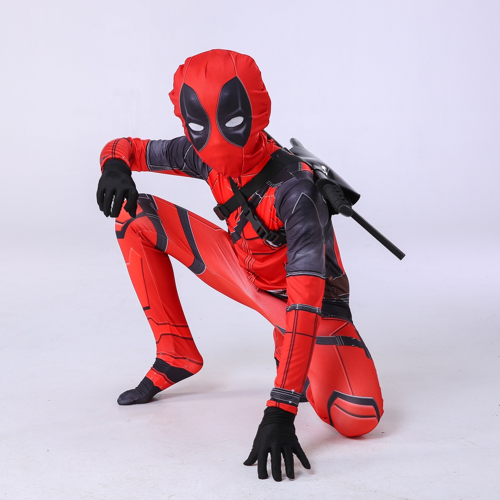 Anak-anak Anak Laki-laki Kostum Deadpool dengan Tas Topeng Superhero Cosplay Suit Bodysuit