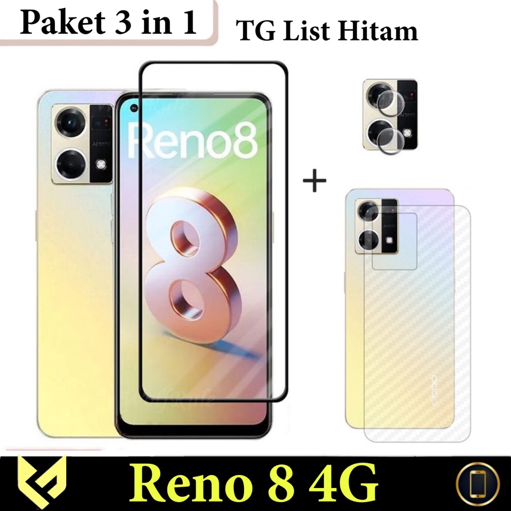 [PAKET HEMAT] 3 IN 1 Oppo Reno 8 4G Anti Gores Layar Full Cover + Tempered Glass Camera Free Skin Carbon For Reno8 4G