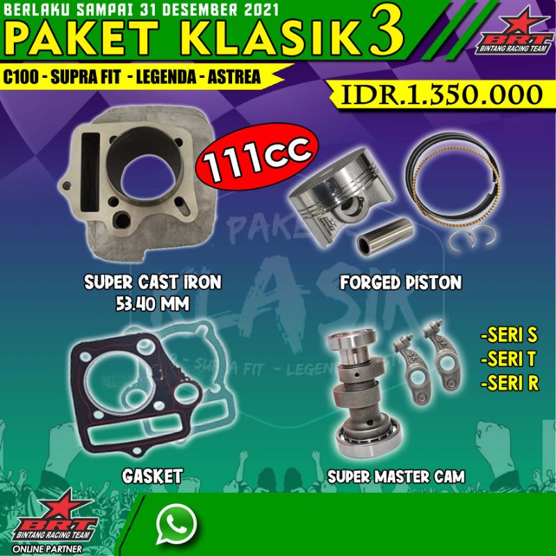 PAKET BLOK SUPER CAST IRON 53.40 MM + FORGED PISTON BORE UP 111 CC - MASTER CAM ROCKER ARM - BRT BIN