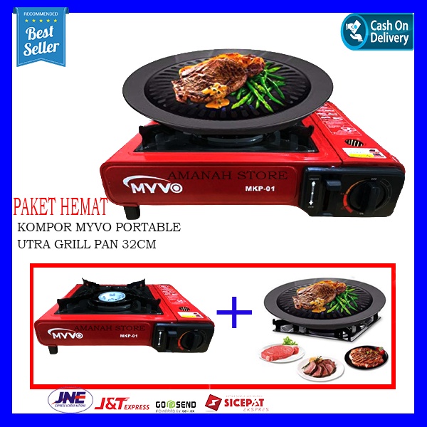 PAKET HEMAT Kompor Gas Portable 2in1 MYVO TAS  + Ultra Gril BBQ gril plate original