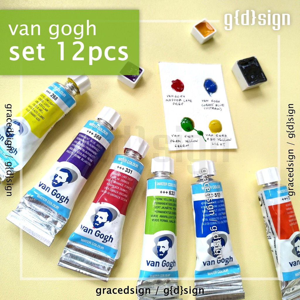 

Set 12 pcs - Van Gogh Watercolor - Share Tube Cat Air Hand Poured Dot Card Mini Pan Half Pan