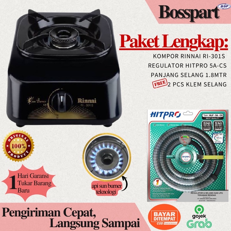 Kompor Gas Rinnai 1 tungku RI-301s dan Selang Regulator Gas Hitpro RI301s / RI-201S