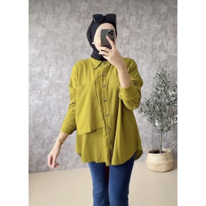 Kemeja Basic Crincle Airflow Atasan Baju Wanita Pocket Full Kancing