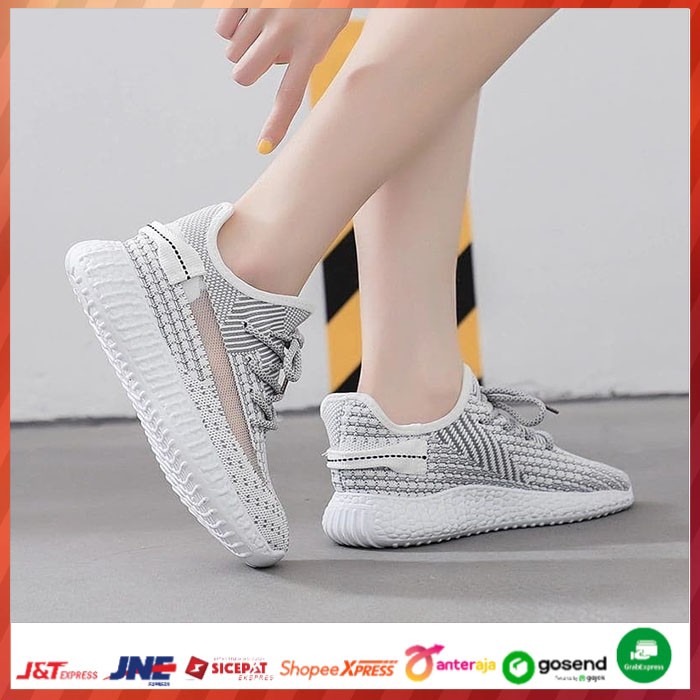 Sepatu Shoes Sneakers Sneaker Running Jogging Olahraga Rajut Wanita Cwek Hitam Grey Pink Korea Impor