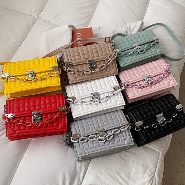 BJ15220 - BLACK/GREEN/GRAY/KHAKI/PINK/PURPLE/RED/WHITE/YELLOW - TAS SLEMPANG PESTA CLUTCH MOTIF KOTAK MODEL CHAIN TALI RANTAI MEWAH TAS WANITA FASHION IMPORT MODIS ELEGAN TERMURAH TERLARIS TERBARU BAGSTORE JAKARTA TAS BATAM ELJ5220 LT1468