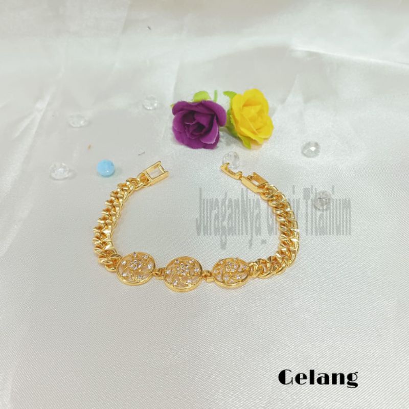 SET GELANG Titanium BUNGA LINGKAR 3 DIAMOND SUPER perhiasan fashion Korea anti karat&amp;anti luntur