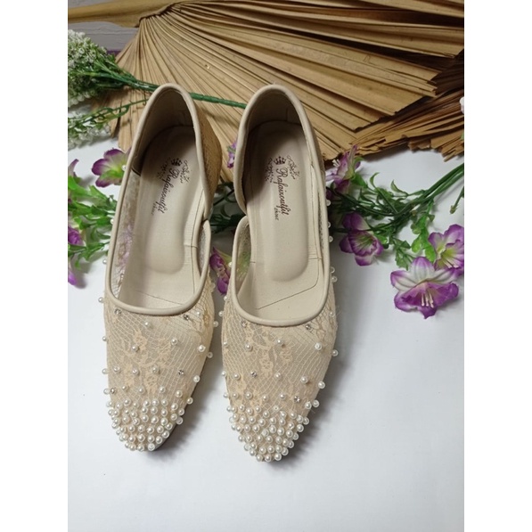 sepatu maida cream mutiara cantik 7cm kaca