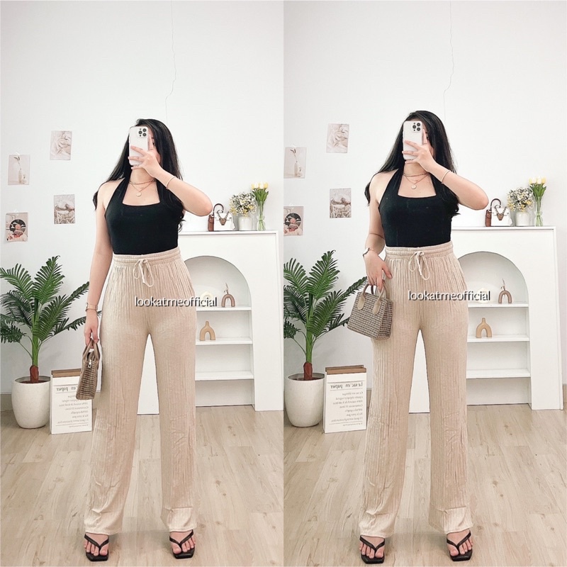 lookatmeofficial • Celana Kulot Highwaist Posh Knit Loose Pants Cullote Dengan Tali Serut