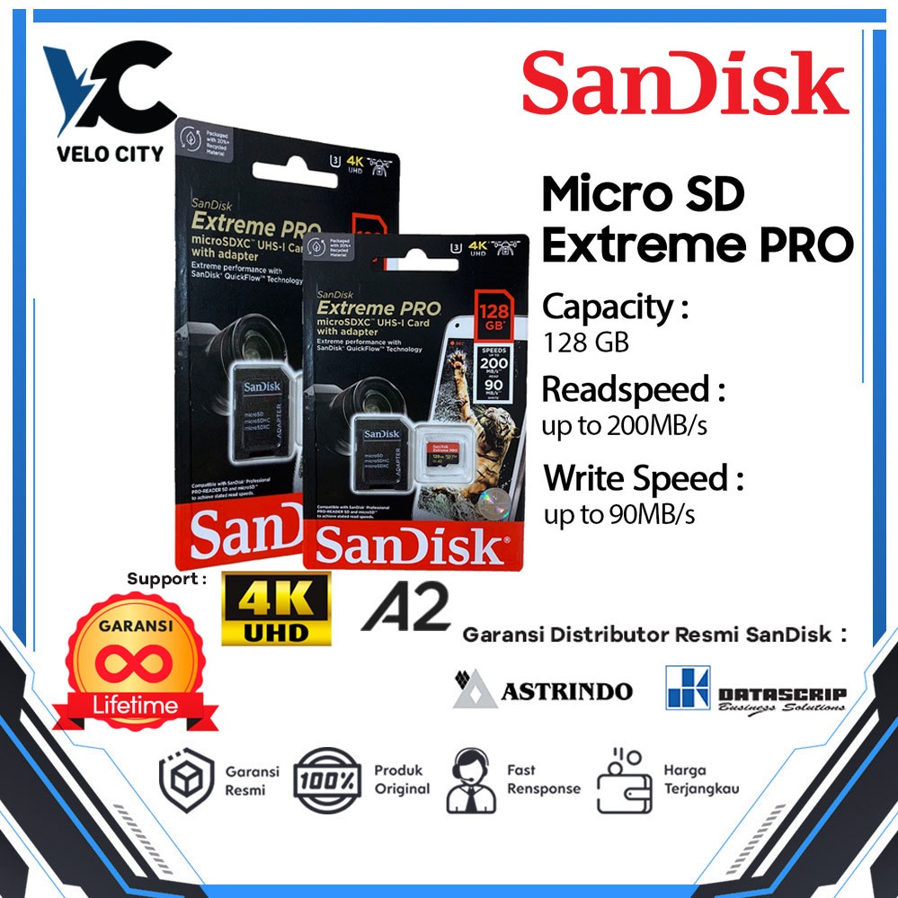 Memory Card | Micro SD 128GB SanDisk Extreme Pro up to 200Mbps U3 A2 V30 - Garansi Resmi Lifetime