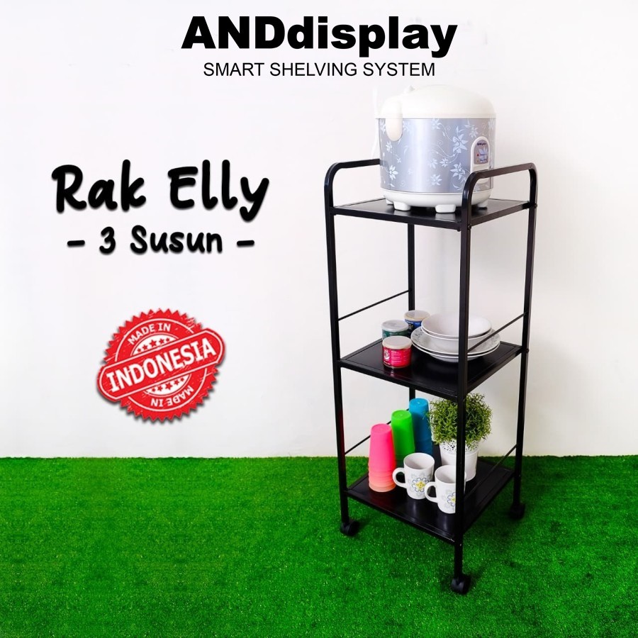 RAK ELLY 3 SUSUN HITAM PLUS RODA RAK PENYIMPANAN DISPENSER MAGIC COM SERBAGUNA ANDDISPLAY