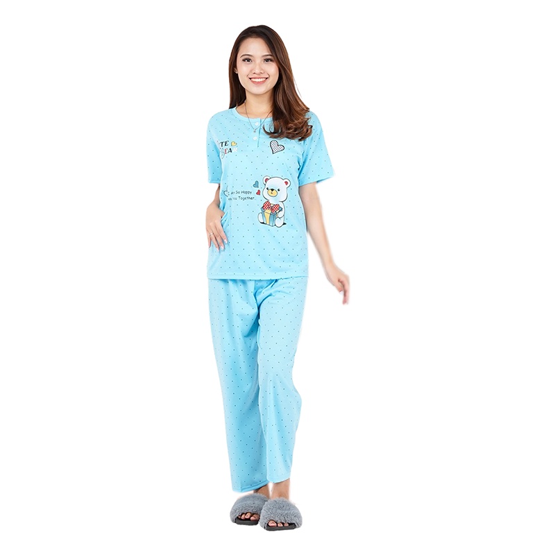 Lilipop.id  Baju Tidur Wanita CP Cute Bear Setelan Piyama BabyDoll Kaos Celana Panjang