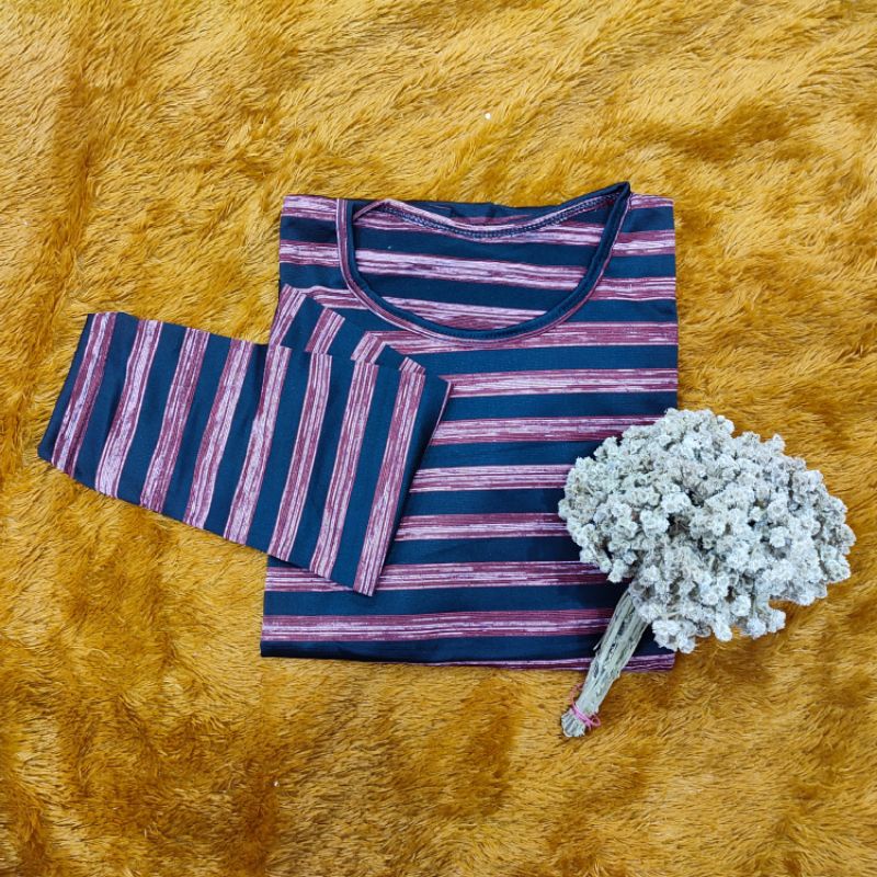 Kaos wanita lengan panjang salur O Neck murah
