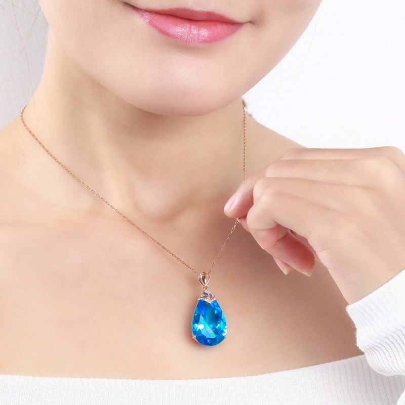 [Ready Stock]Fashion Inlaid Color Gem Drop Pear-Shaped Pendant 18K Rose Gold Plated Necklace