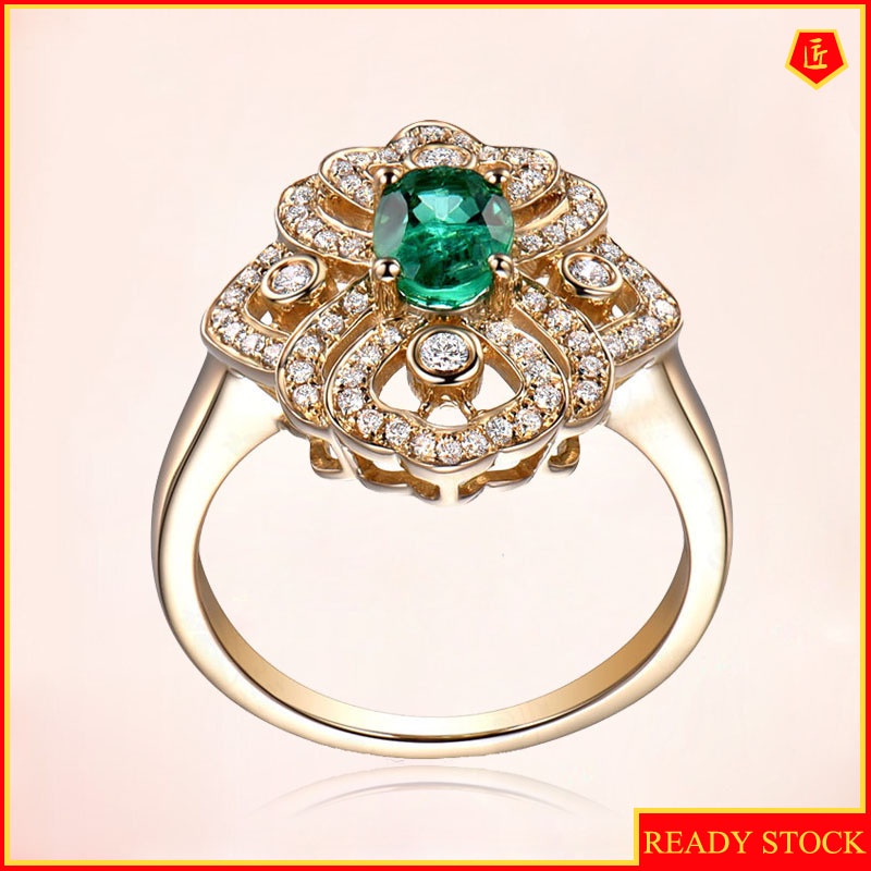 [Ready Stock]Stylish Elegant Silver Rose Emerald Ring