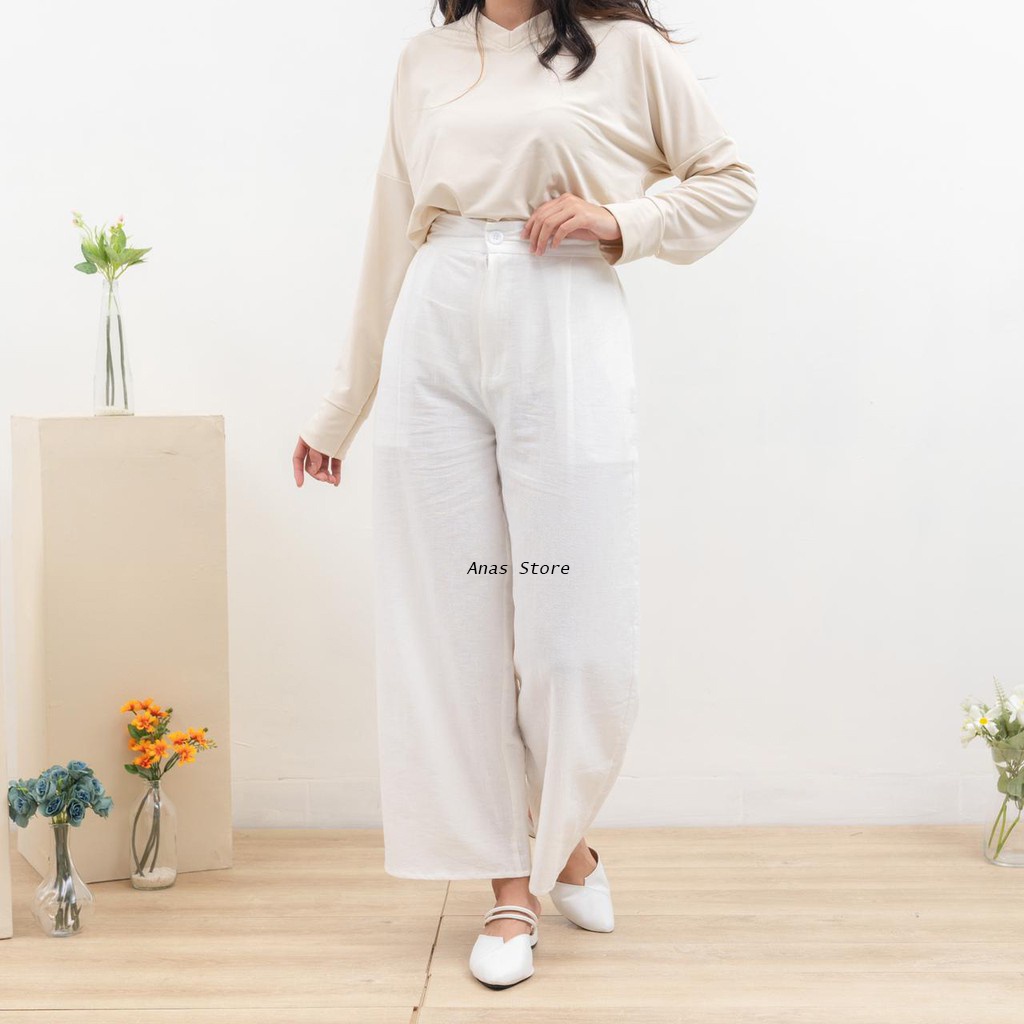 Celana Kulot Highwaist Bahan Premium Linen Wide Leg Cullotes - Linen Cullote Pants