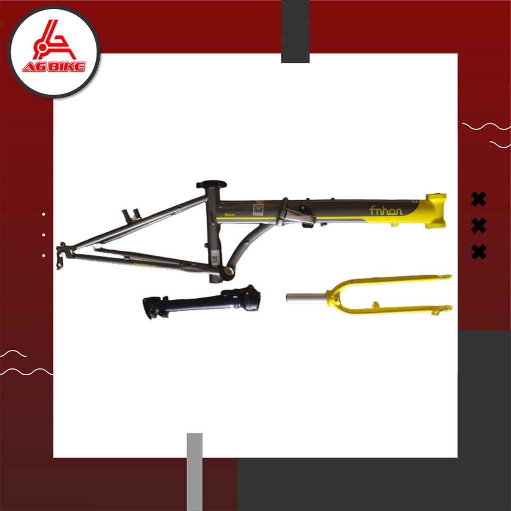 Frame Fork plus Handlepost Fnhon Storm V Brake 20 22 inch Warna ABU ABU KUNING Chromlly