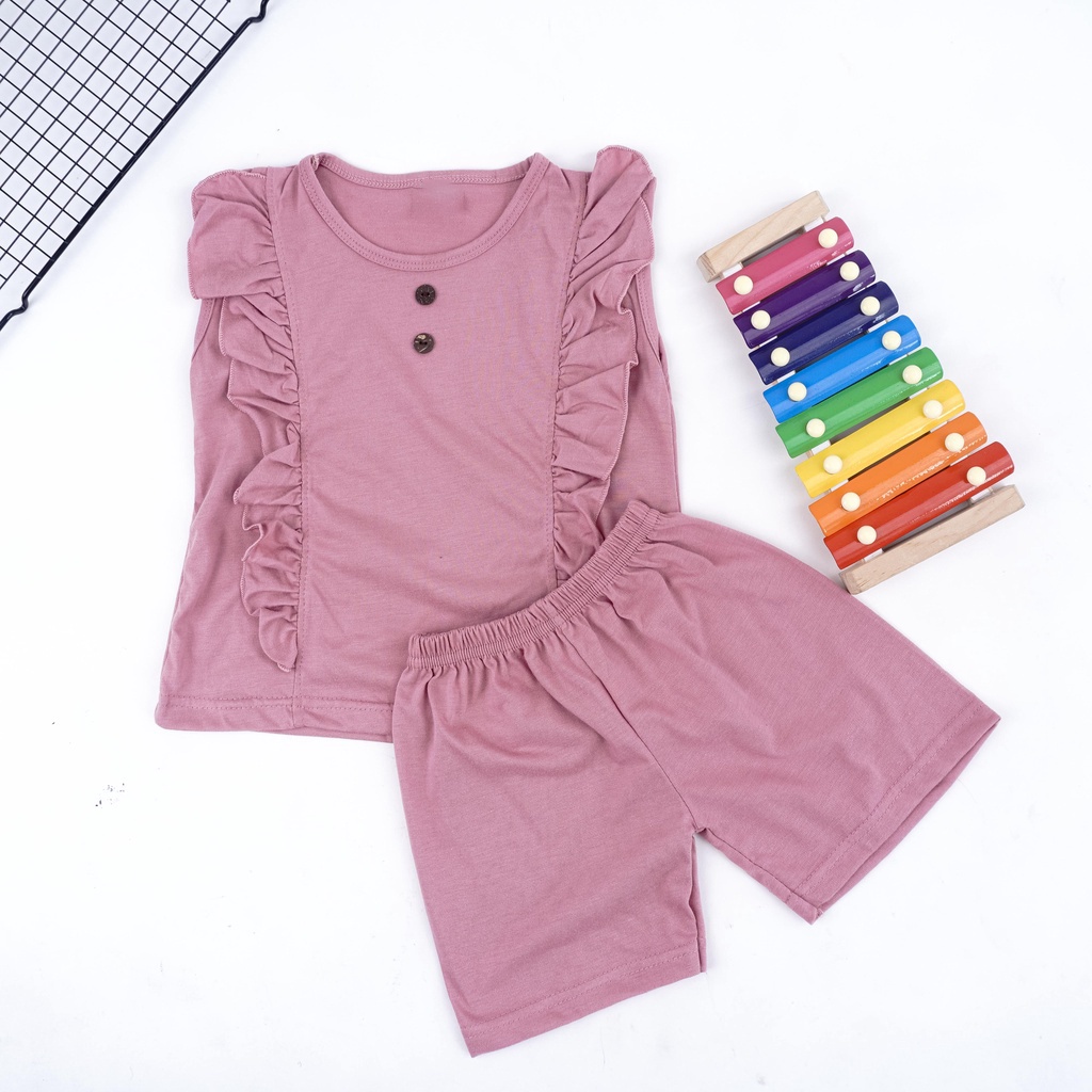 ZASKIYA - SET IVE KANCING ANAK PEREMPUAN RUFFLE | SETELAN BAJU ANAK LENGAN BUNTUNG CELANA PENDEK 1-3 THN