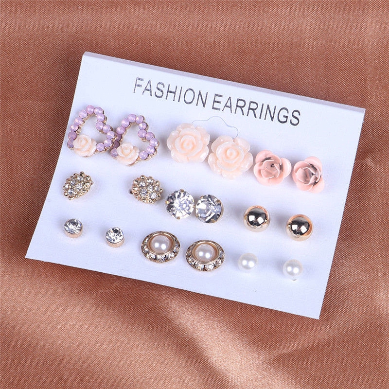 9 Pairs/Set Cute Crystal Pearl Flower Ear Studs Earrings