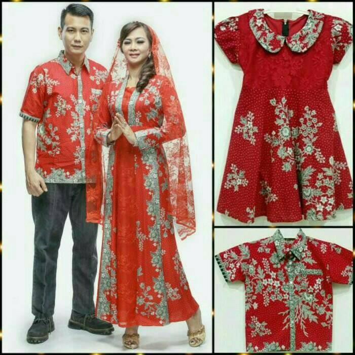 Set-Family-Muslim-Busana- Baju Batik Couple Sarimbit Gamis Keluarga Combinasi Brukat +1 Anak