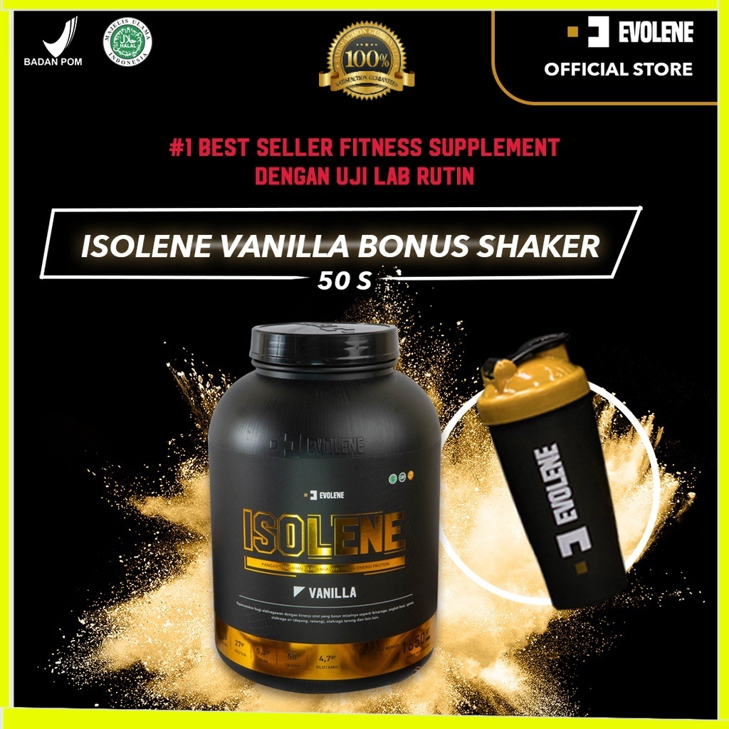 Isolene Vanilla 1650gr/50 Sachet GRATIS SHAKER - Kualitas premium - Suplemen fitness pembentuk Otot - Defisit kalori - Susu Protein - Suplemen Fitness - Minuman Protein - Suplemen Workout - Whey protein isolate Evolene Evoline Evolen