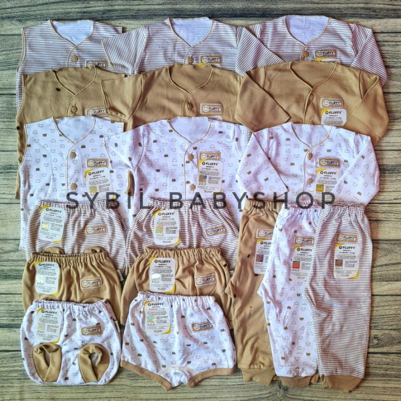 FLUFFY Paket Original Lengkap Baju Bayi (0-3 Bln) Perlengkapan Baru Lahir & Kado Bayi SNI-FLUFFY FL KHAKI NECI