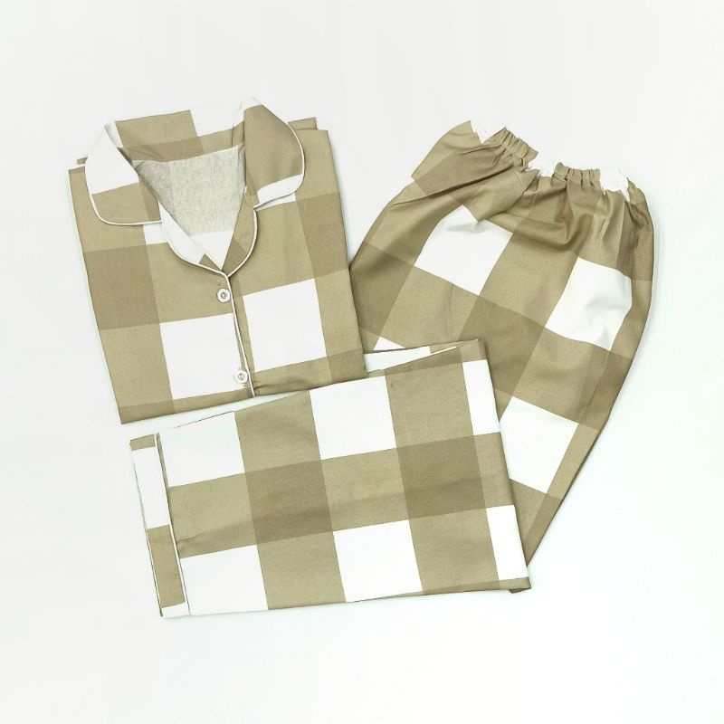 Baju Tidur Wanita / Piyama Wanita Tie Dye Set Motif Kekinian-Kotak Khaki
