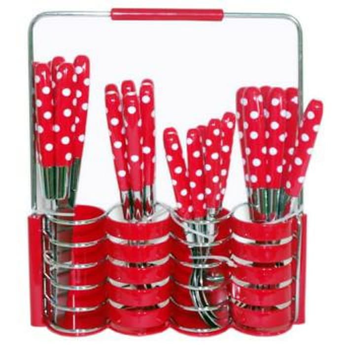 Sendok Makan Set + Rak Stainless Polkadot isi 24 pcs - Random color