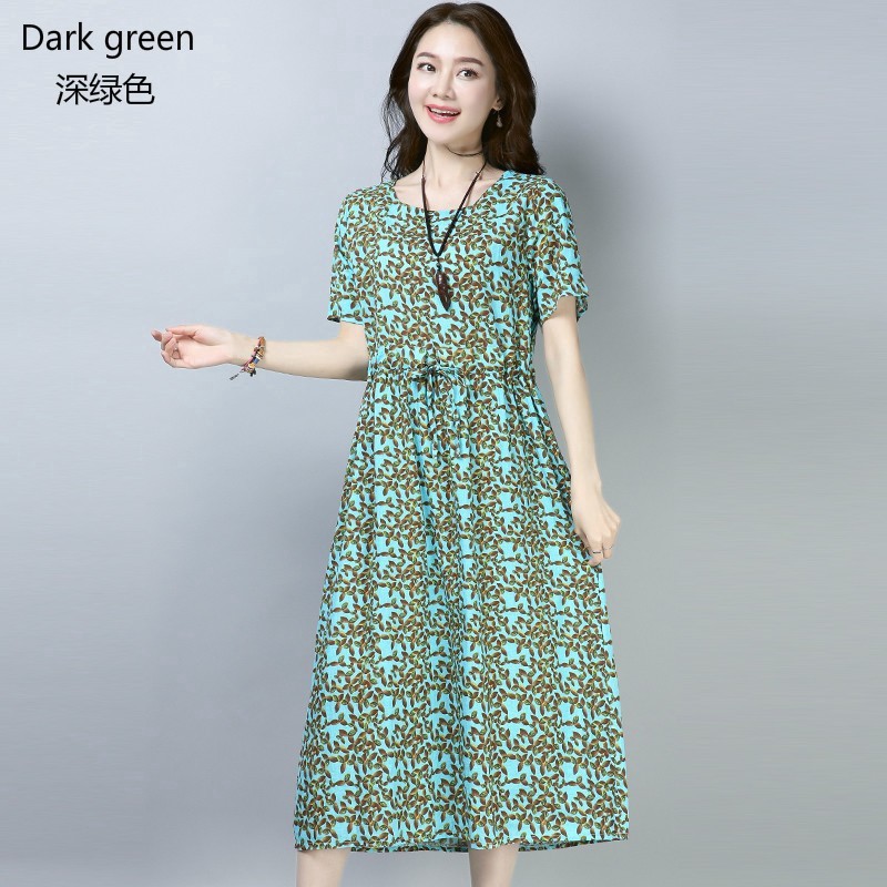 Dress Midi Wanita Casual Model Slim Longgar Bahan Katun Linen Versi Korea