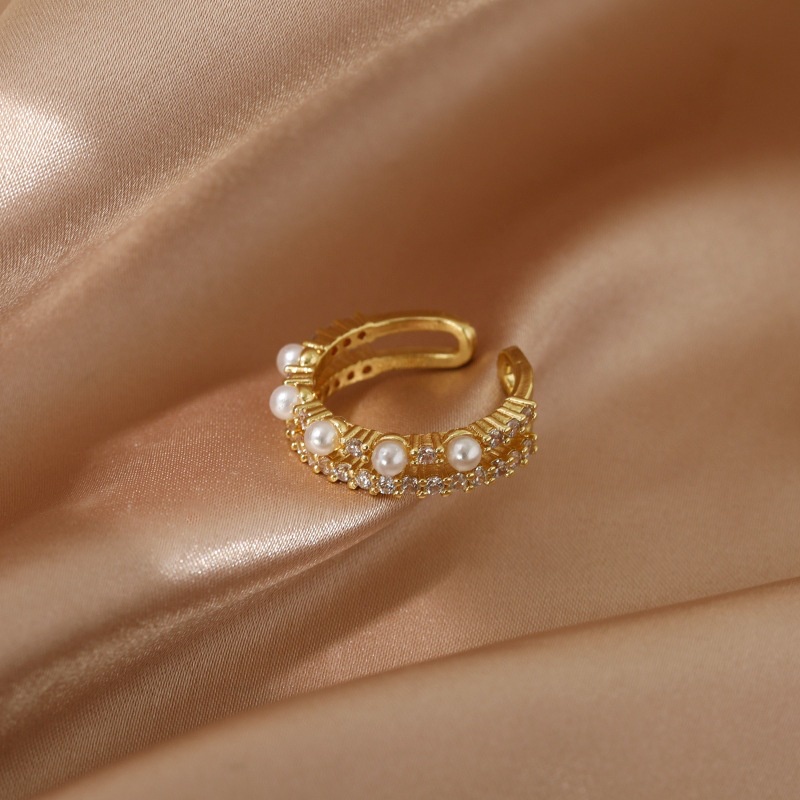 Cincin Model Terbuka Aksen Mutiara Dan Berlian Gaya Korea