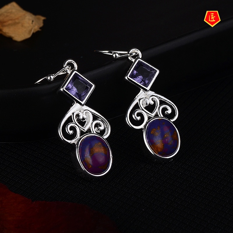 [Ready Stock]Vintage S925 Silver Charoite Earrings for Women Fashion