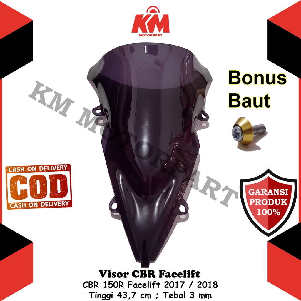 Visor CBR 150r Facelift 2017 2018 Jenong Tebal 3 mm Tinggi 44 cm Hitam dan Bening