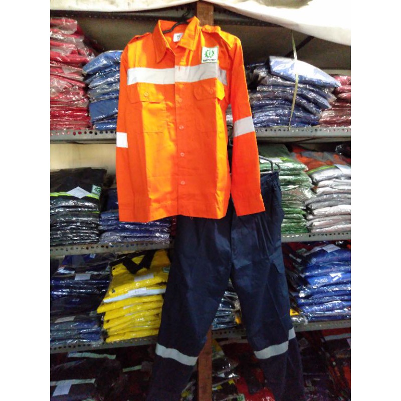 SETELAN BAJU SAFETY FREE LOGO K3 BENDERA KANCING ORANYE DONGKER KAIN DRILL