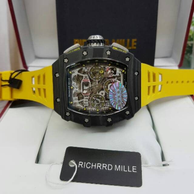 Jam Tangan Pria Mewah Branded Richard Mile RM011-03/RM11 Carbon Yellow Swiss Eta Clone Ori 1:1