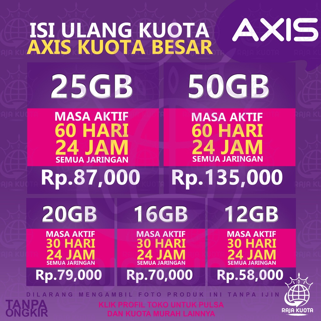 Kuota Data Axis Aigo Bronet Voucher Axis  25GB 50GB 15GB 12GB 10GB