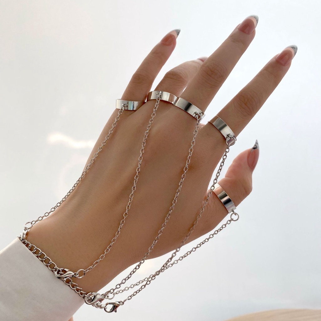 Set Gelang Rantai Cincin Warna Silver Gaya Retro Untuk Wanita