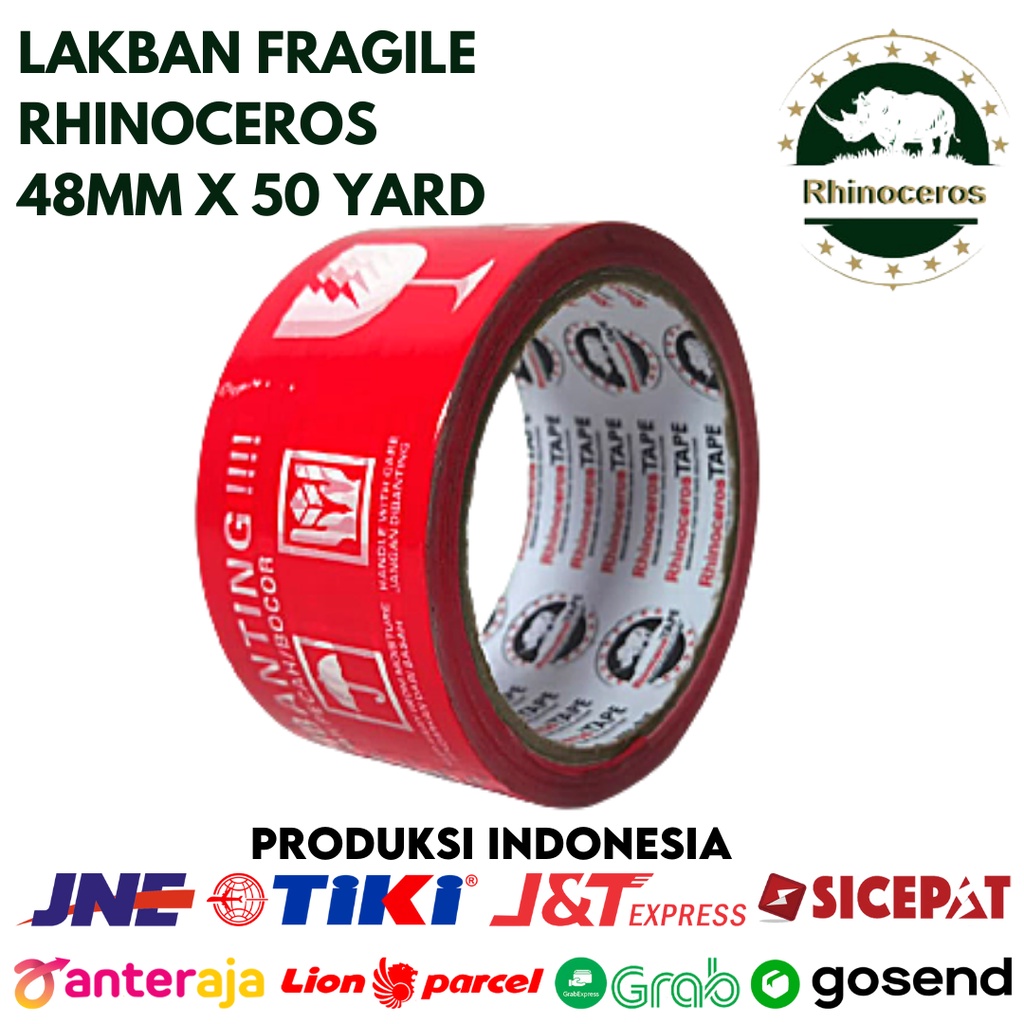 Lakban Fragile RHINOCEROS Tape Selotip Isolasi Merah 48MMx50YARD