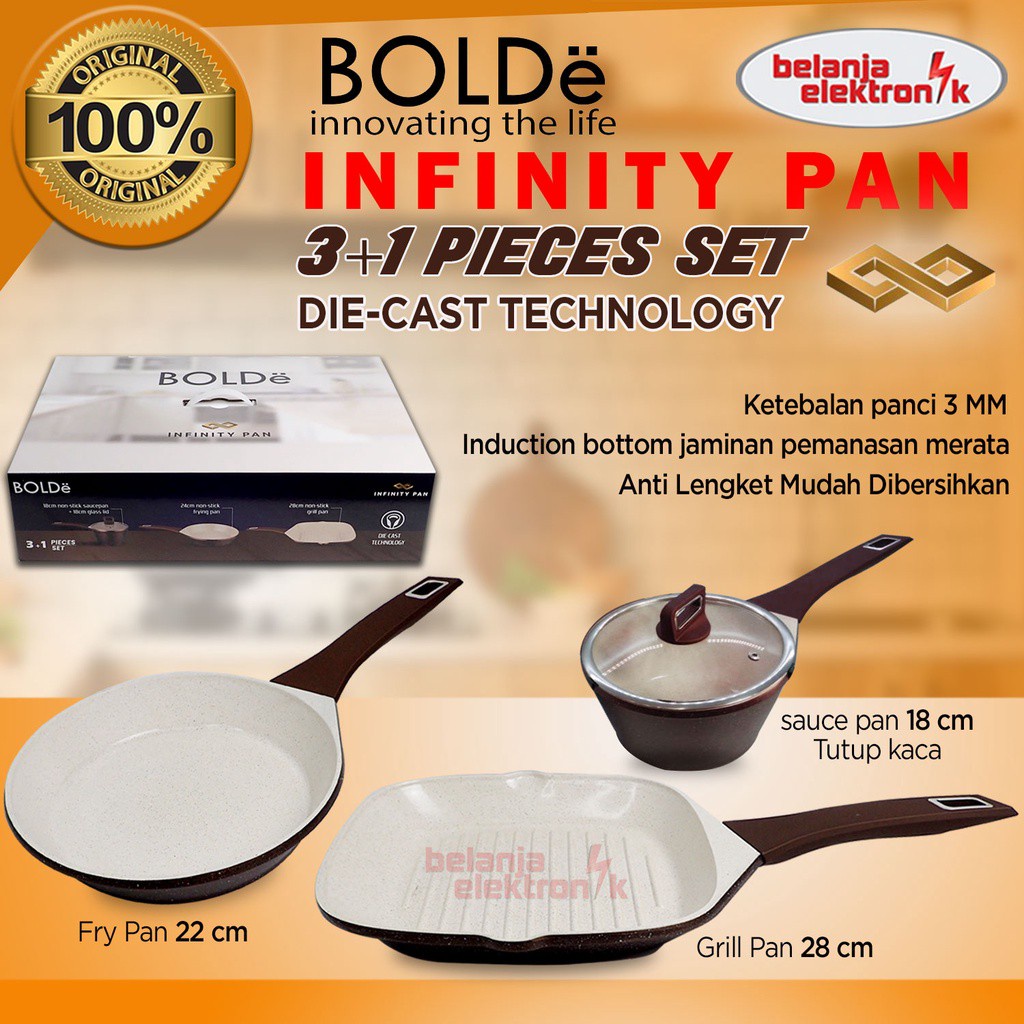 BOLDE INFINITY PAN 3+1 PCS SET FRY PAN WAJAN PENGGORENGAN GRILL PAN DAN SAUCE PAN TUTUP KACA