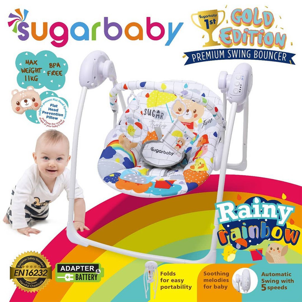 Sugar Baby Godl Edition Premium Swing Bouncer Rainy Rainbow Putih Bouncer Bayi