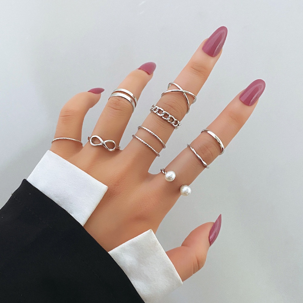 9pcs / set Cincin Silver Model Terbuka Dengan Mutiara Untuk Wanita