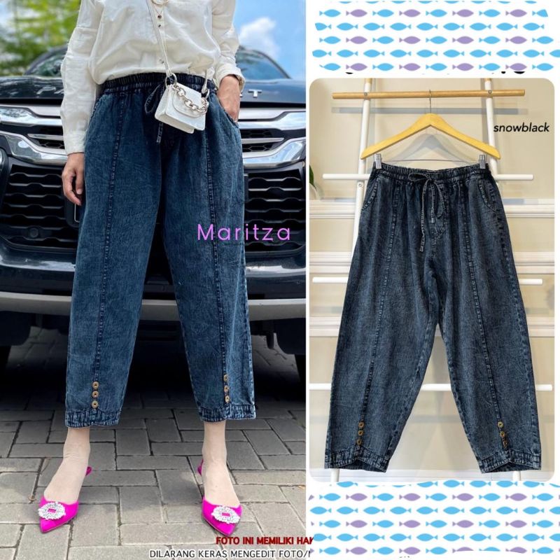 Rapshody Baggy Pants Variasi Bawah Kancing Saku Depan Kanan Kiri Bahan Jeans Snow Wash