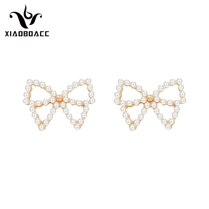 XiaoboACC Anting Stud S925 Silver Needle Bentuk Pita Aksen Mutiara Untuk Wanita