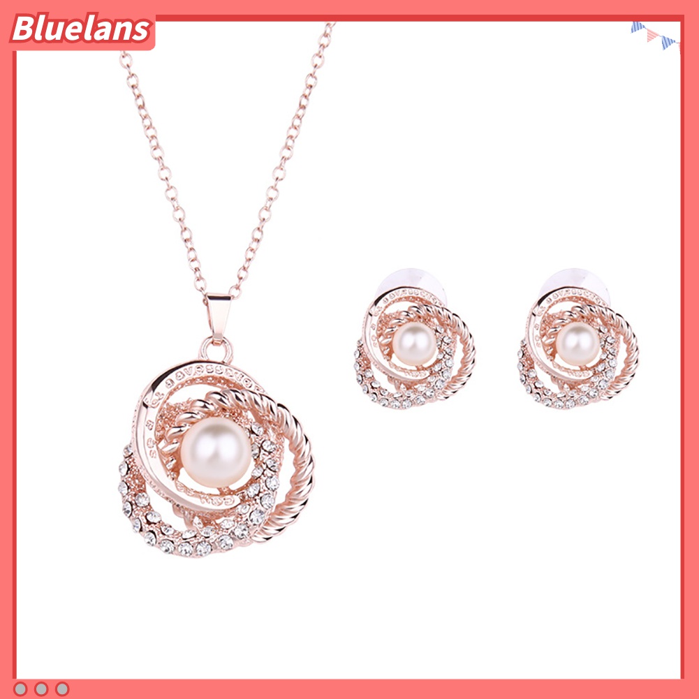 Set Kalung Anting Stud Hias Mutiara Berlian Imitasi Untuk Wanita