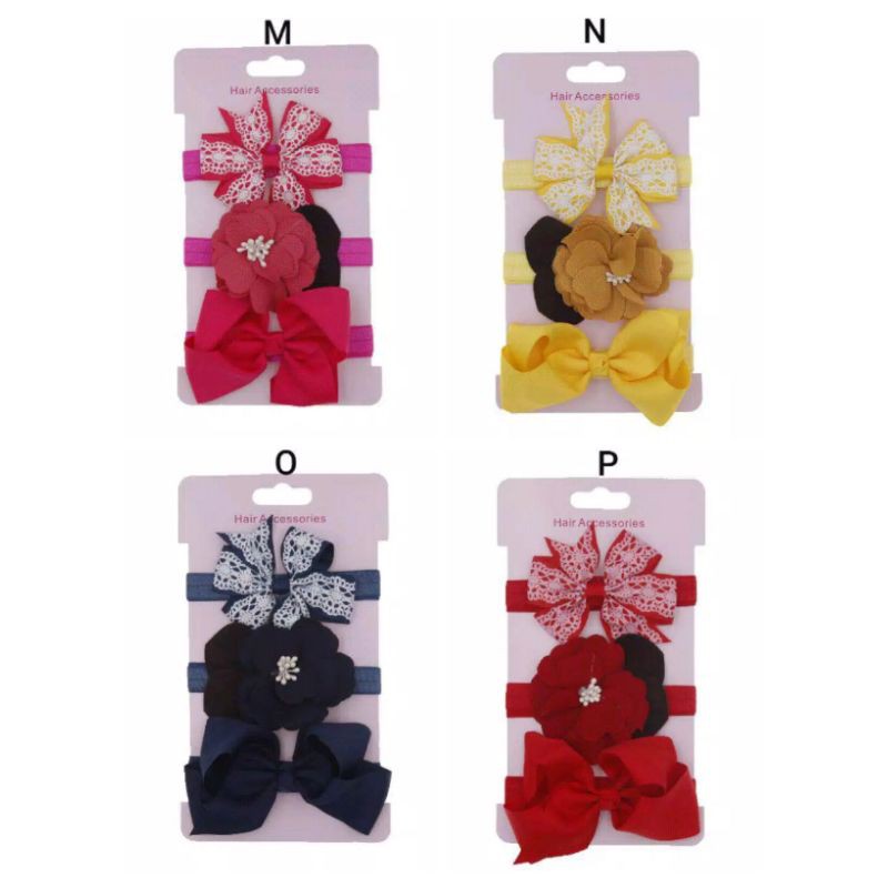 BSET9-Bandana Headband Bayi Bunga 3pcs set